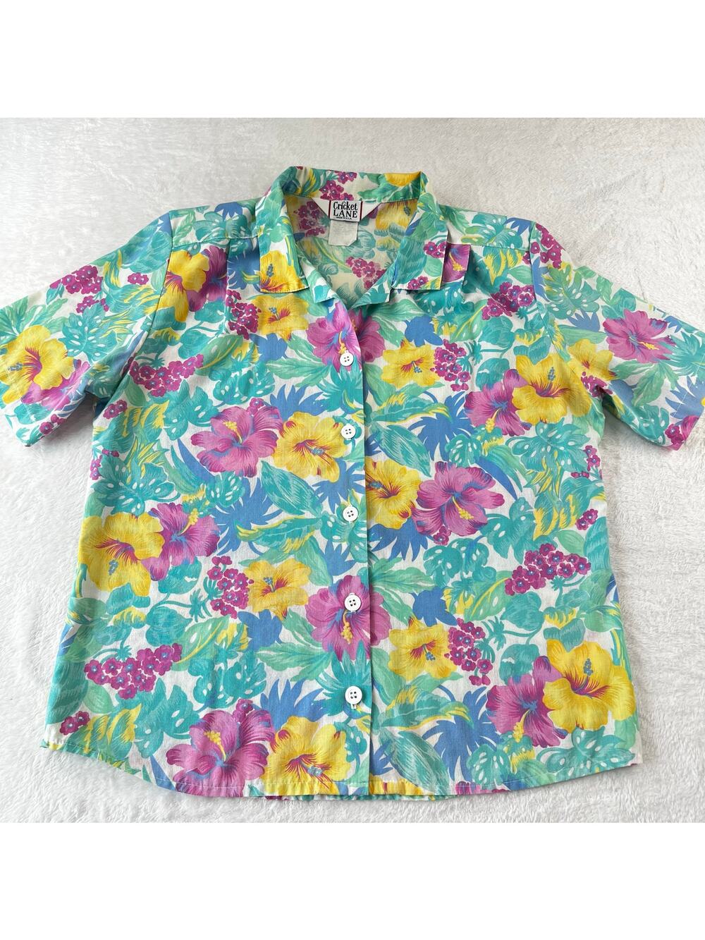 Cricket Lane Vintage Women's Floral Tropical Blouse Shirt size 12 Green Yellow